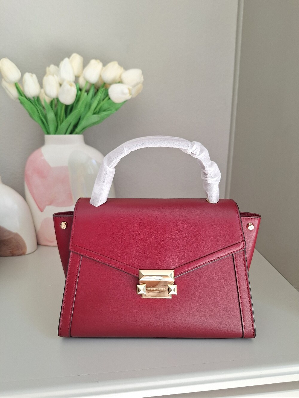 NEW MICHAEL Michael Kors Whitney Polished Leather Top Handle Satchel Maroon/Gold